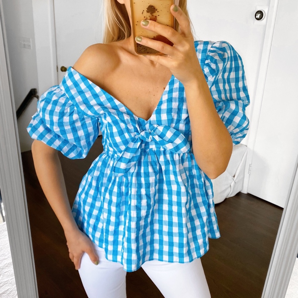 🐬 LILLY PULITZER SARAFINA TURQUOISE OASIS CRINKLE GINGHAM SHORT SLEEVE TOP! - Picture 2 of 15